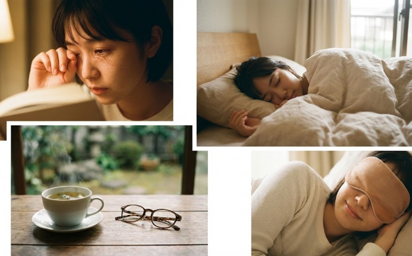 피곤한 눈, 따뜻한 차, 수면 마스크, 잠자는 여성