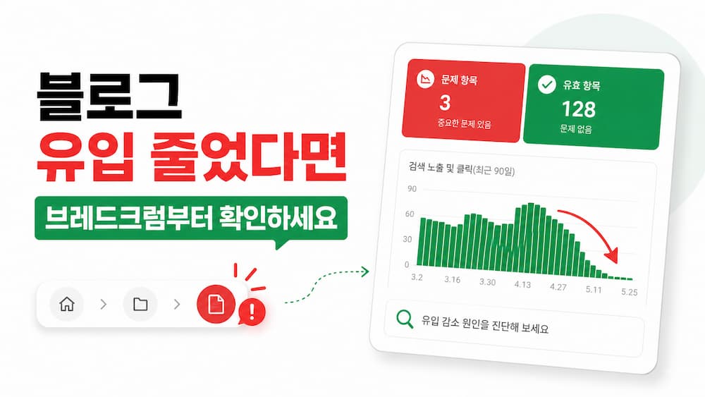 로그 유입 감소 원인을 브레드크럼 오류와 구글 서치콘솔 데이터로 점검하는 모습을 표현한 대표 이미지