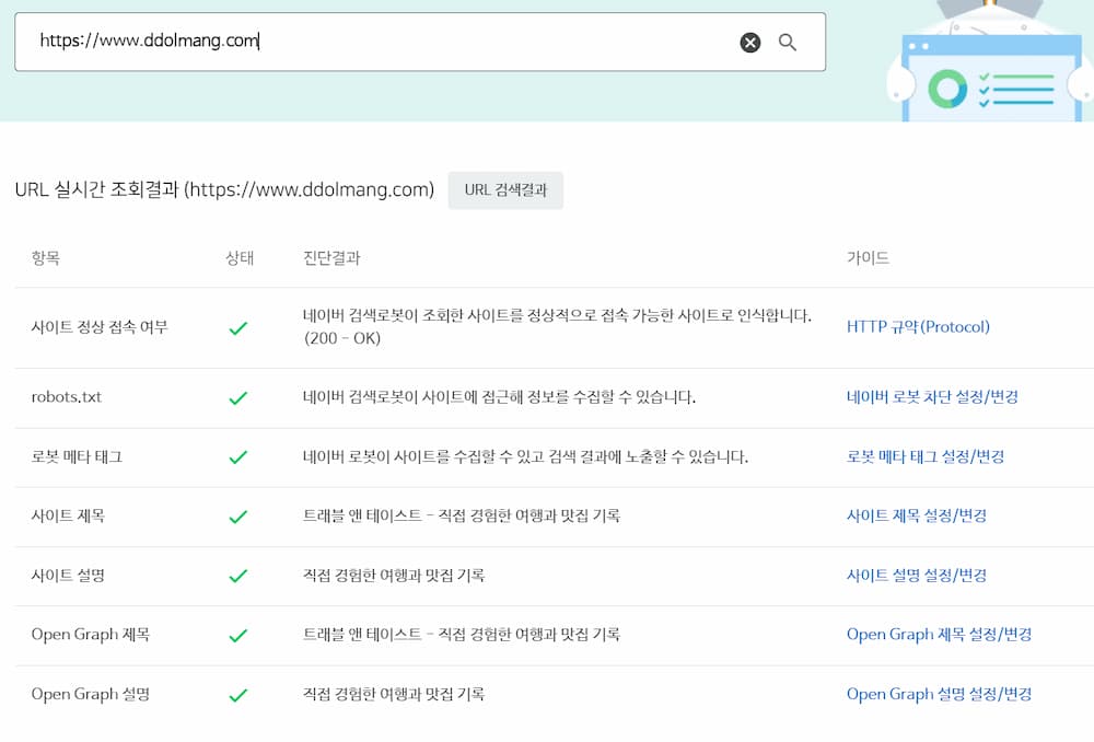 네이버 서치어드바이저에서 사이트 제목 설명 robots 메타태그가 정상으로 확인된 화면