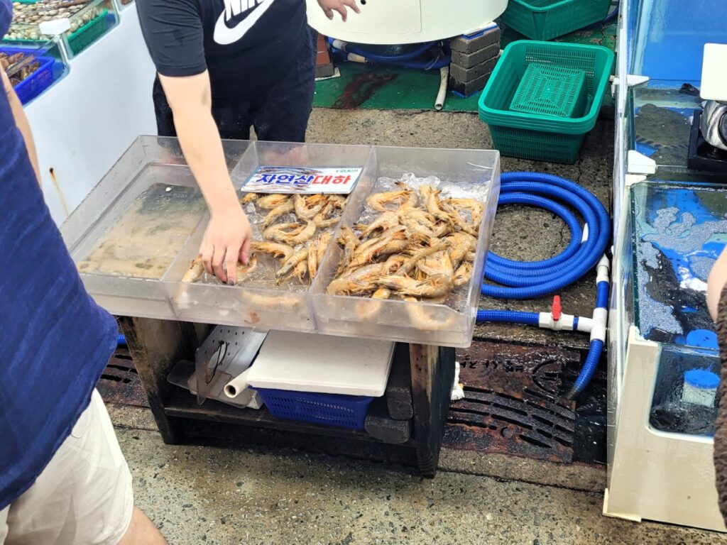 백사장 어촌계 수산시장에서 대하 1만원어치를 골라 포장하는 모습