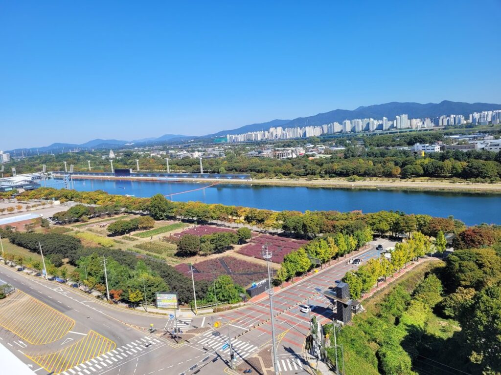 하남 미사경정공원 정문 옆 핑크뮬리 군락과 조정호수, 2026년 10월