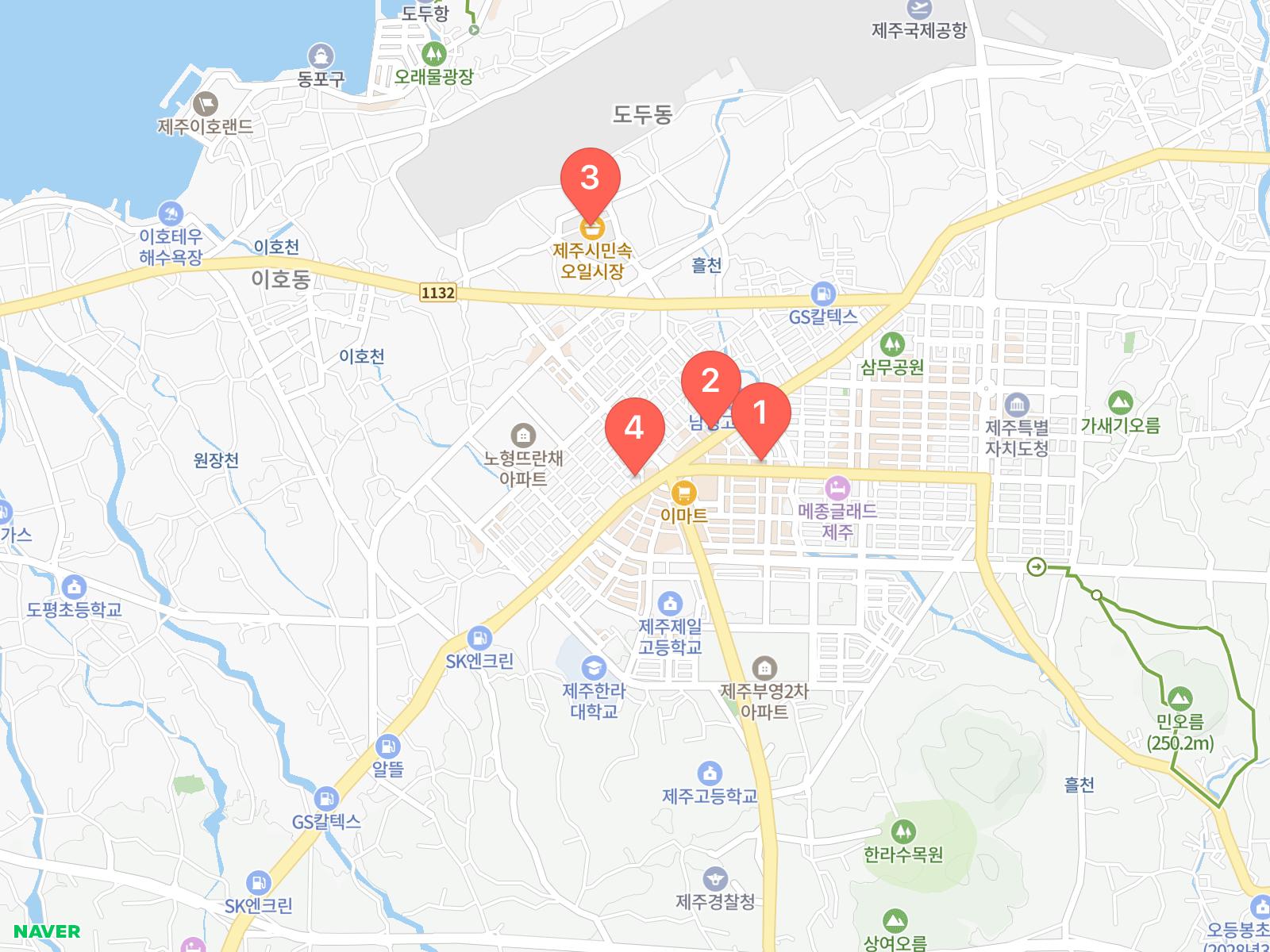 제주마음, 베스트웨스턴 제주 호텔, 제주시민속오일시장, 근본 흑돼지 제주공항점 네이버 지도 위치