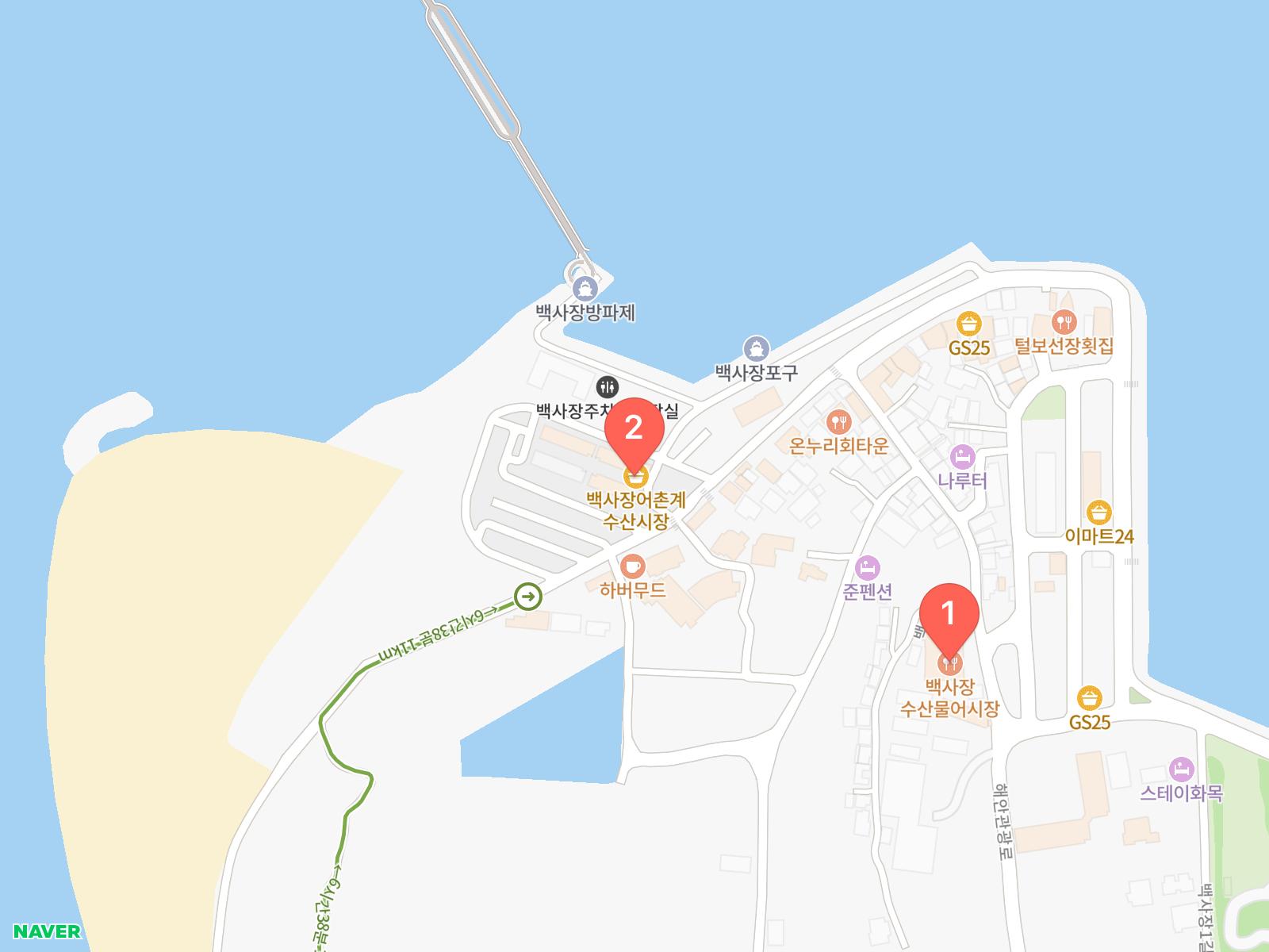 백사장수산물어시장 자연산오대감, 백사장어촌계수산시장 네이버 지도 위치