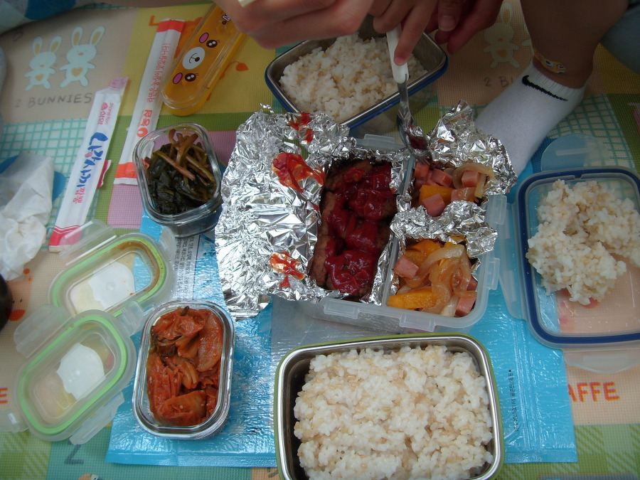 한국 도시락 밥, 김치, 양념 고기, 야채 반찬