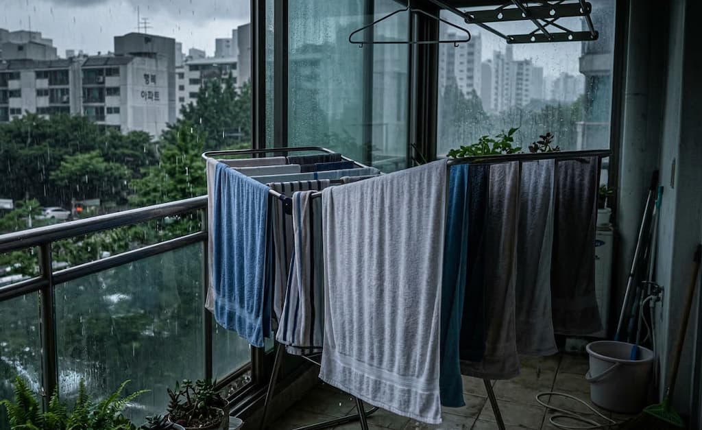 비 오는 날 발코니, 수건 널린 빨래 건조대, 도시 건물 배경