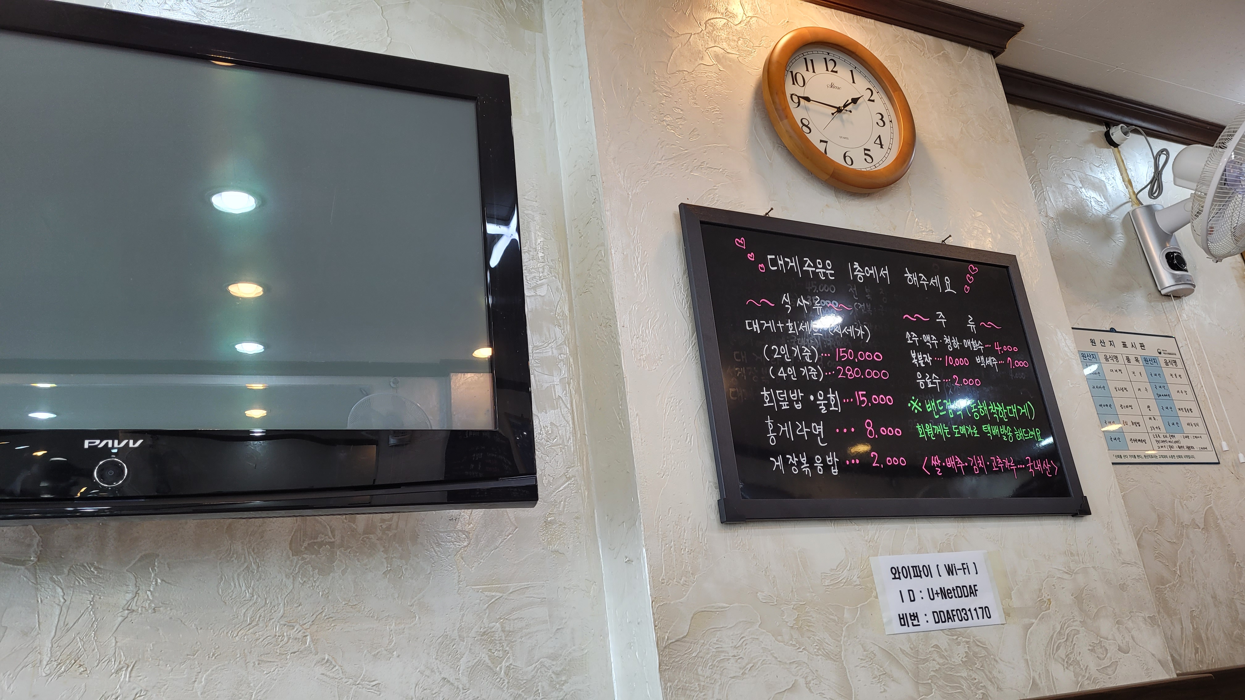 검은 TV, 벽시계, 메뉴판, 선풍기, 와이파이 정보 벽면 실내