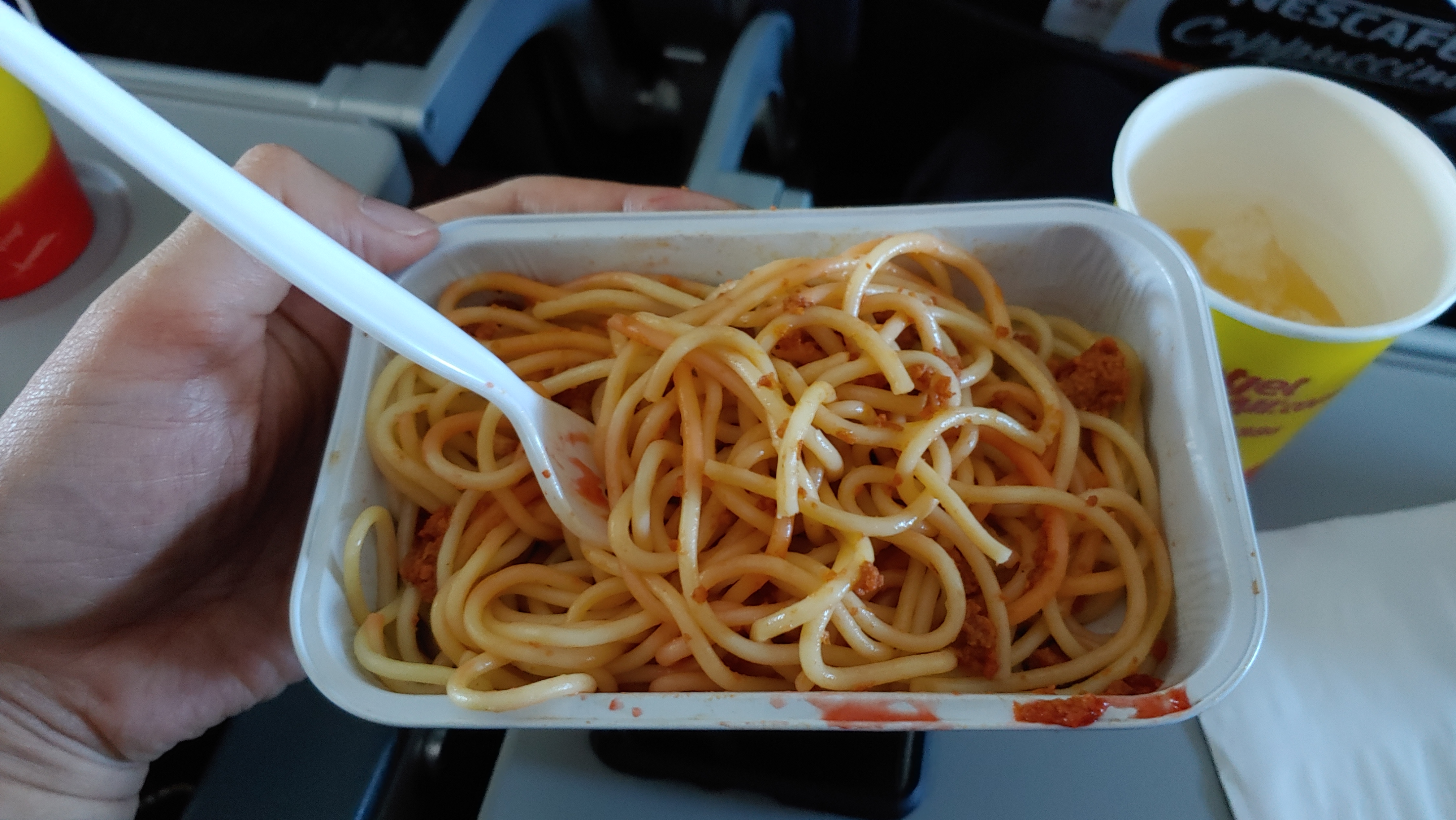 기내식 토마토 스파게티, 흰색 포크로 집어 올림