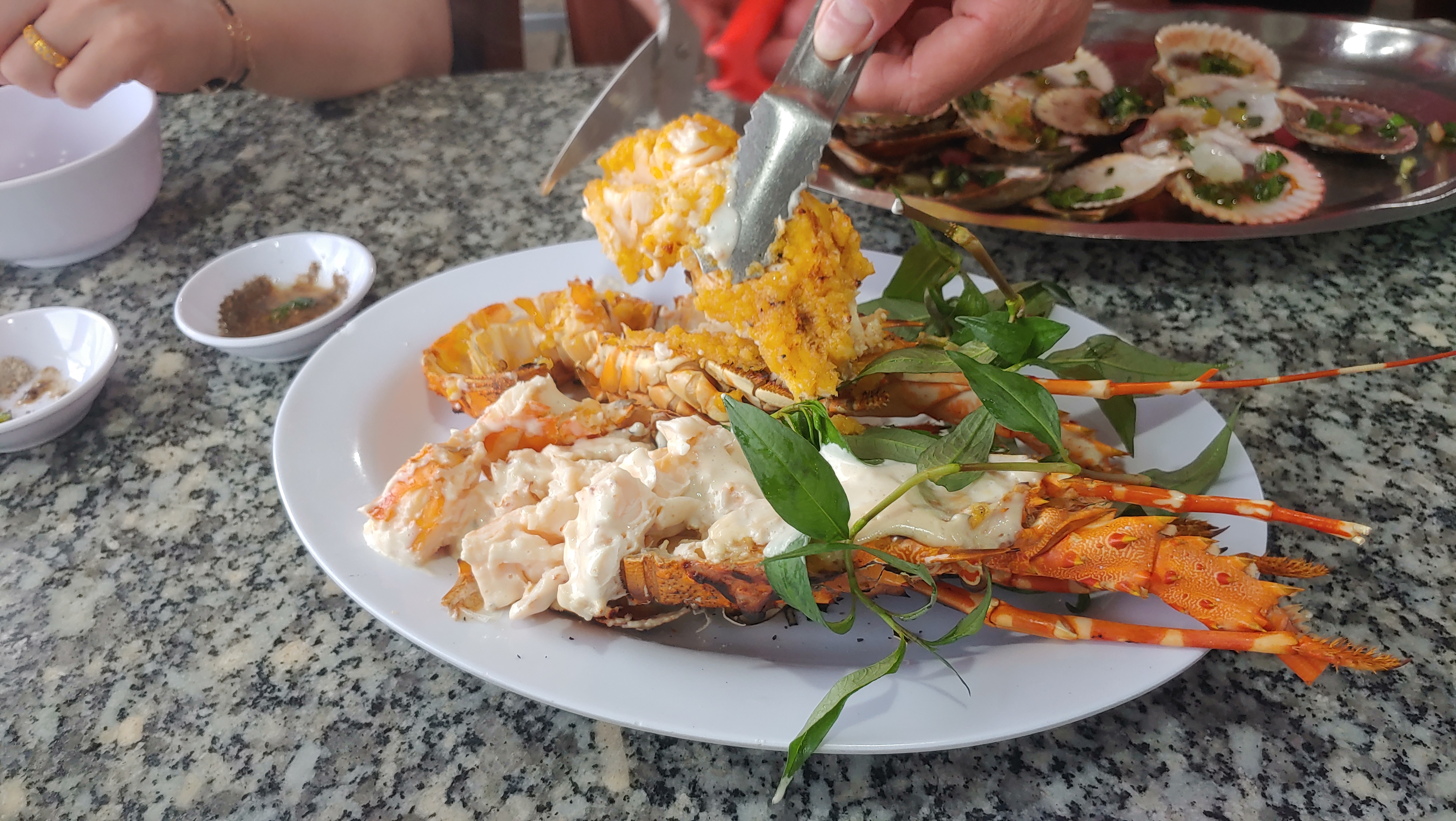 크림 소스 랍스터 구이, 황금빛 토핑, 신선한 허브, 가리비 요리