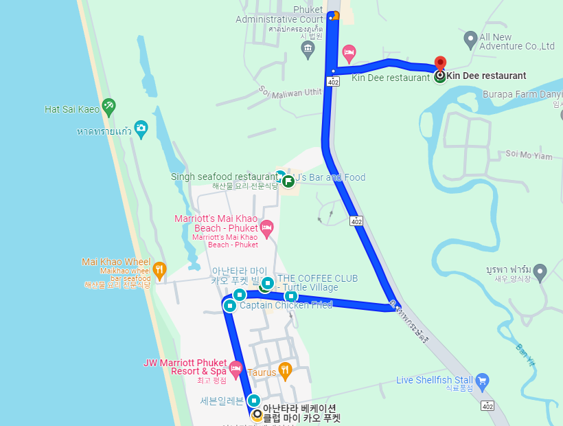 푸켓 마이카오 지역, 해변, 호텔, 식당 경로
