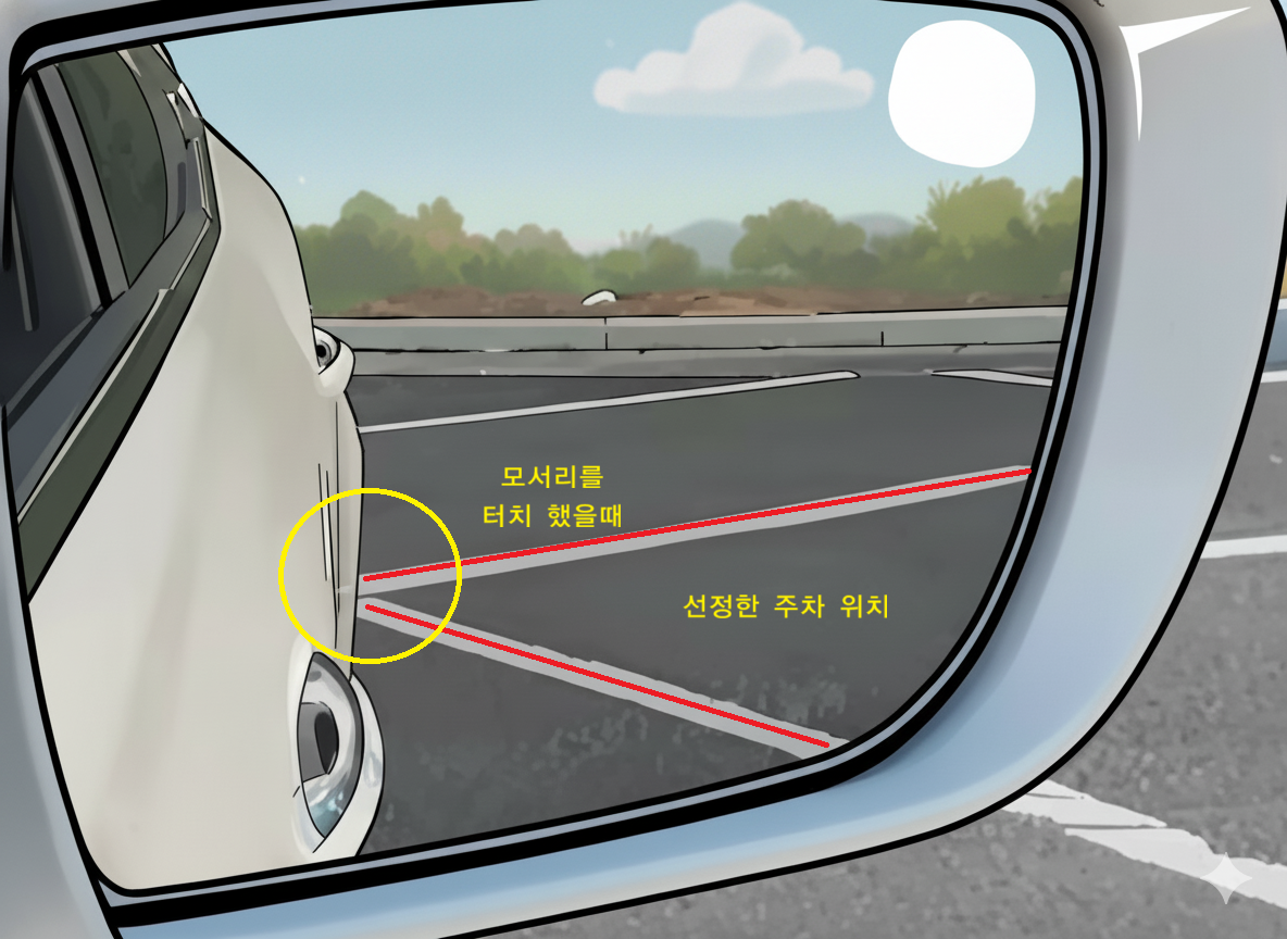 차량 사이드 미러, 주차 공간 빨간 유도선, 노란 원 코너 지점