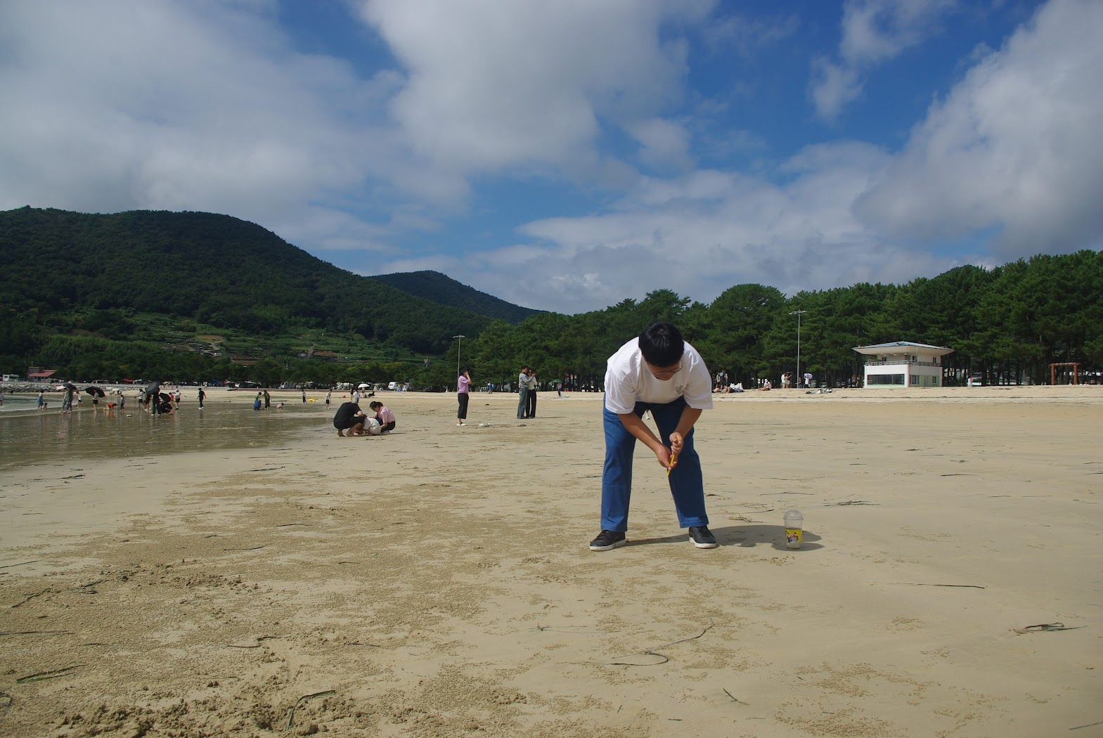 모래 해변, 허리 굽힌 채 도구로 놀이, 푸른 산
