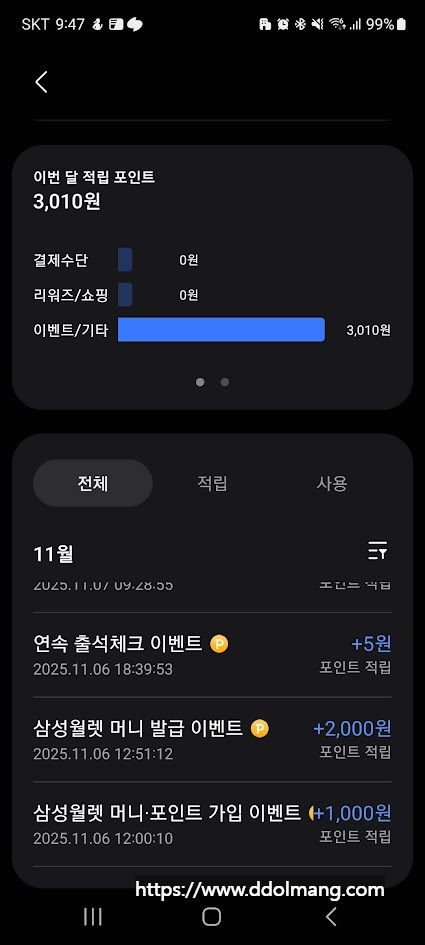 삼성월렛 포인트 적립 내역, 총 3,010원 이벤트 포인트.