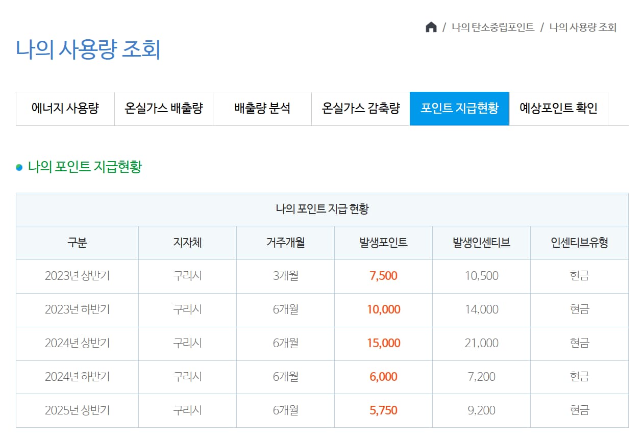 탄소중립 포인트 지급 현황표, 발생 포인트, 현금 인센티브 내역
