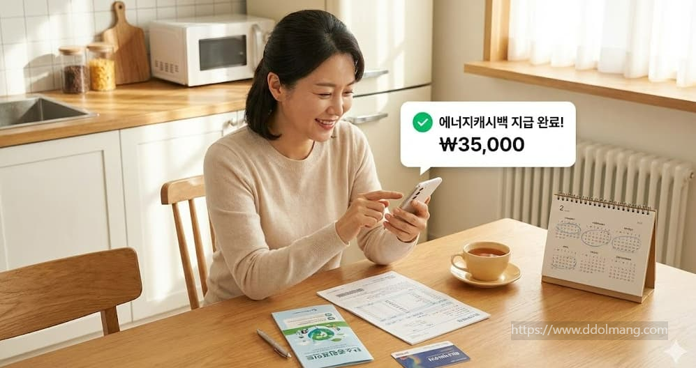 미소 짓는 이용자, 스마트폰으로 에너지캐시백 35,000원 확인.