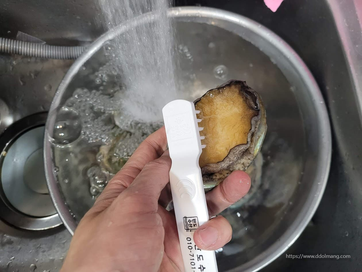 손 전복솔로 신선한 전복 싱크대에서 흐르는 물에 세척