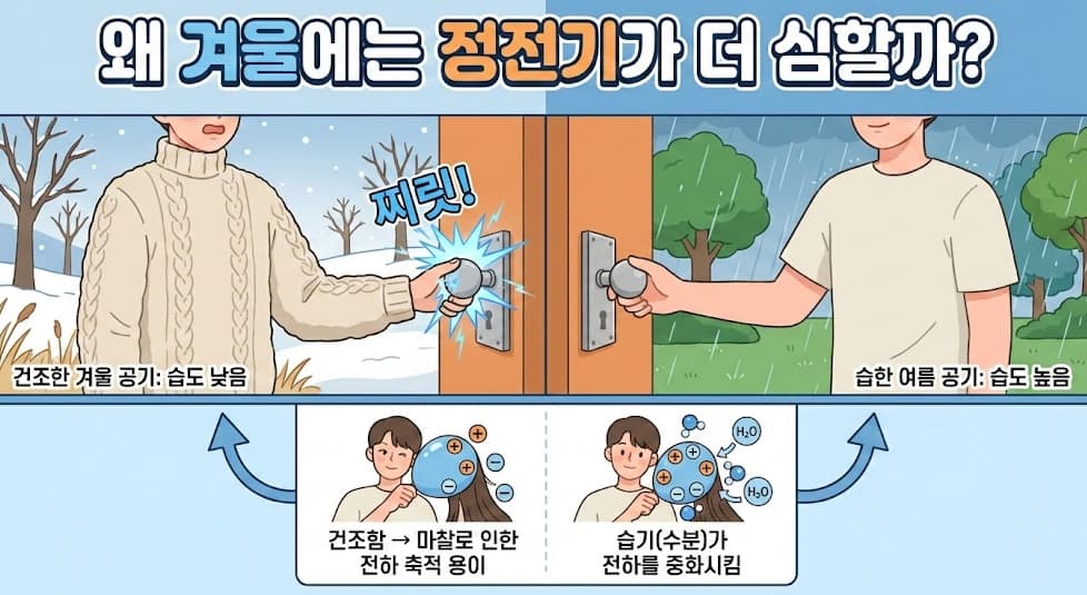 건조한 겨울 정전기 발생, 습한 여름 정전기 중화 원리 비교