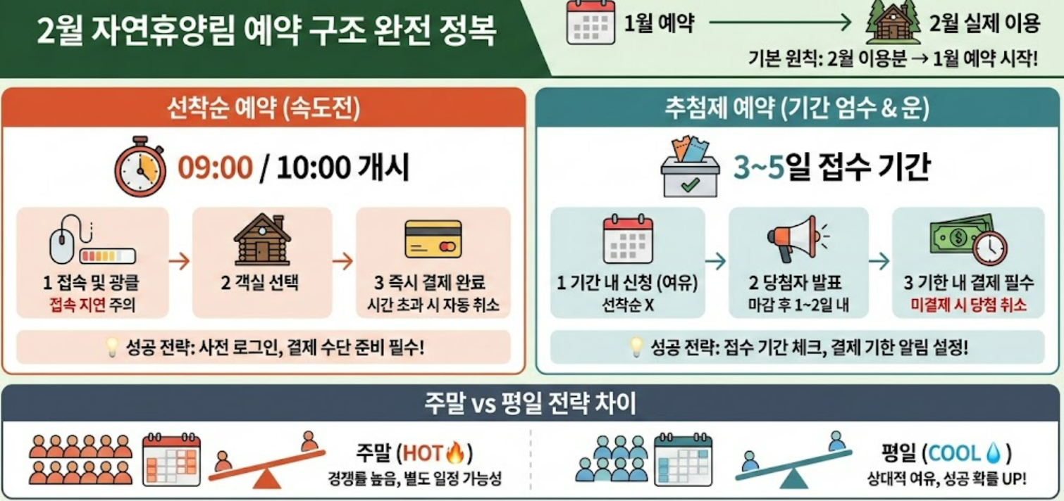 자연휴양림 예약 방식 안내: 선착순 추첨 및 주말 평일 전략