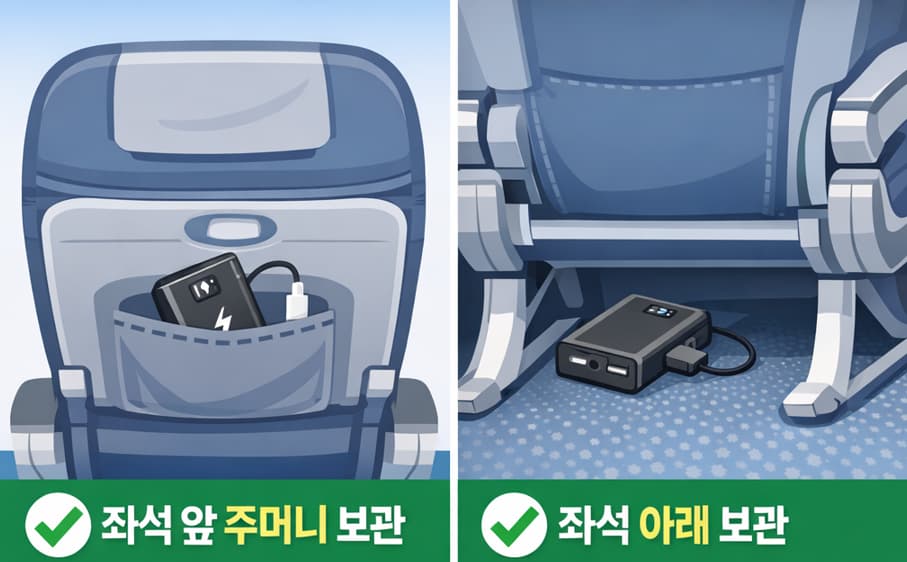 비행기 좌석 앞 주머니, 좌석 아래 보조배터리 보관