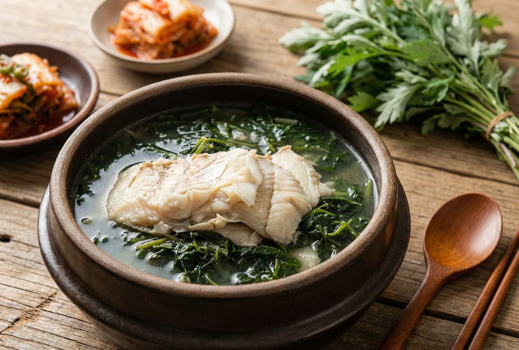 뚝배기 담긴 생선 쑥국, 곁들인 김치와 쑥