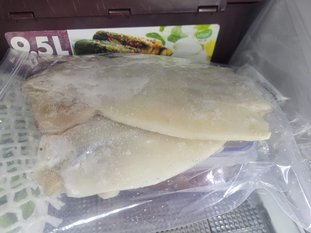 냉동 오징어 몸통 두 조각, 투명 비닐 봉투, 성에 덮임