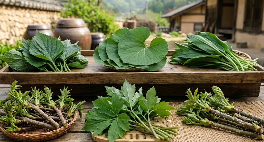 신선한 깻잎, 곰취, 두릅, 명이나물 등 다양한 산나물