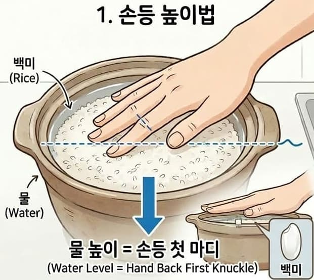 냄비 쌀 위에 손등 대고 첫 마디까지 밥물 계량.