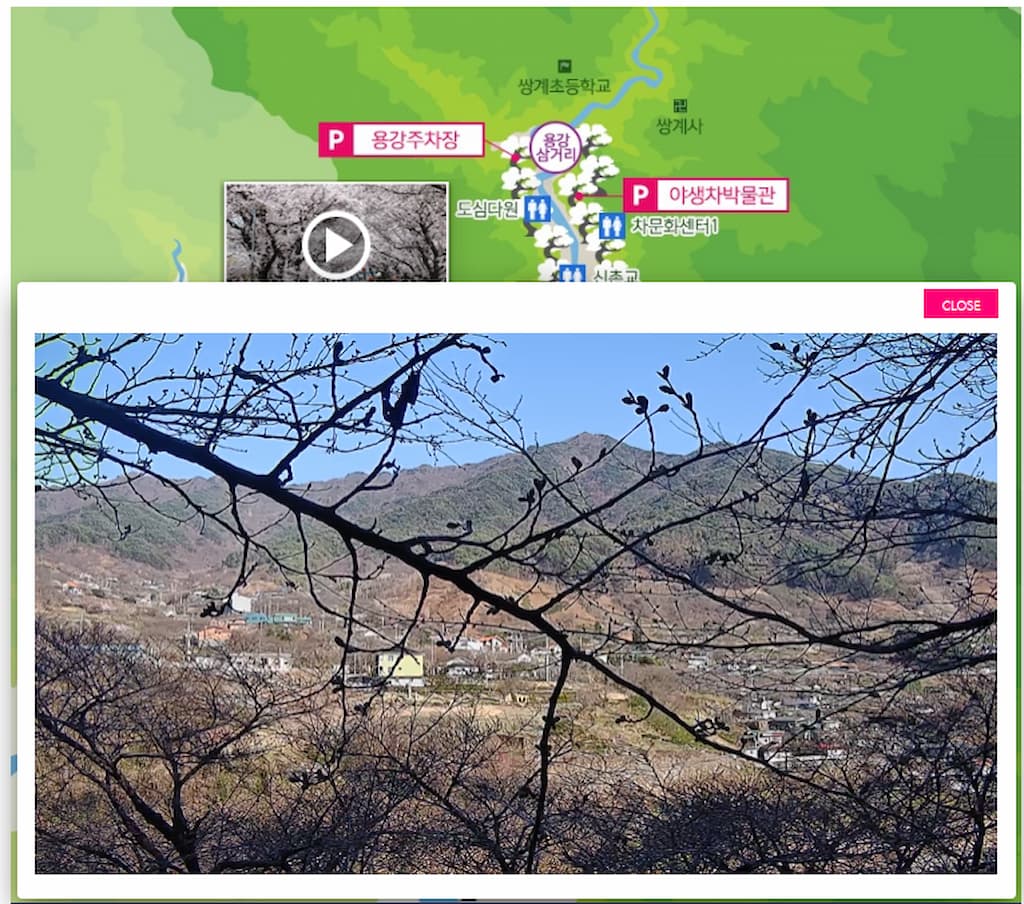 초봄 새싹 돋는 나뭇가지, 계곡 마을, 푸른 산