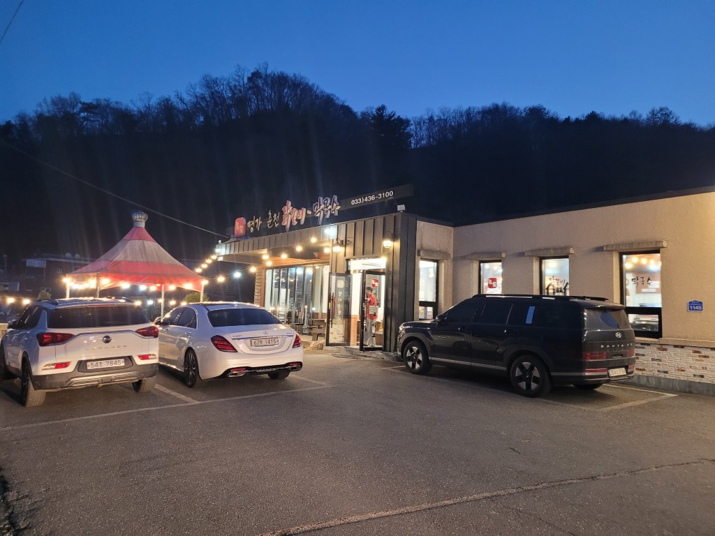 야간, 간판 불빛 밝은 식당 건물, 주차된 승용차 SUV