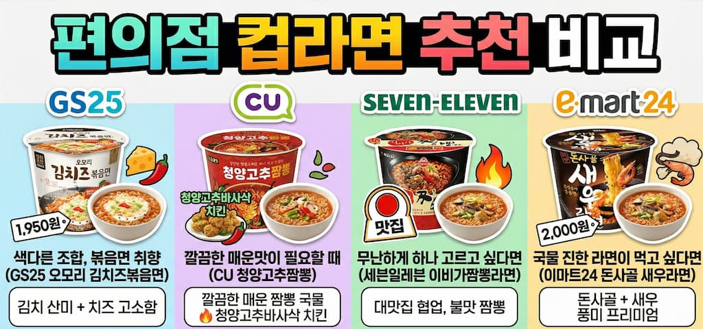 GS25, CU, 세븐일레븐, 이마트24 편의점 컵라면 추천 비교