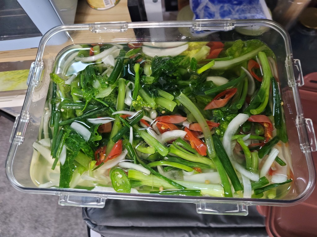 투명 용기 속 갓, 파, 양파, 고추 물김치