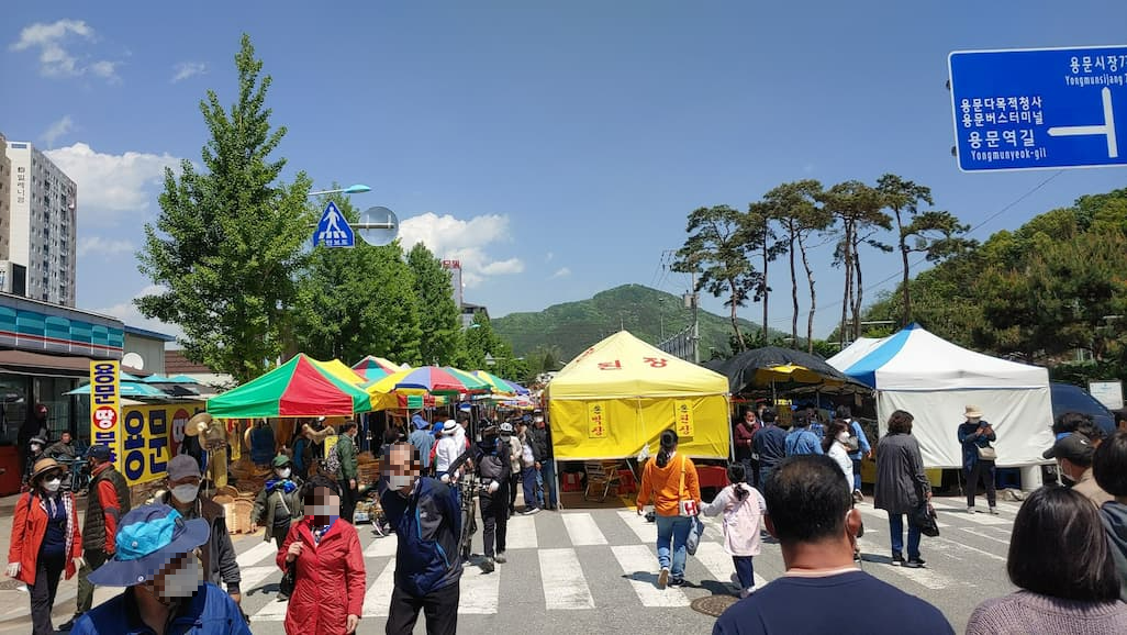 용문 시장 야외 장터 다채로운 천막 북적이는 거리