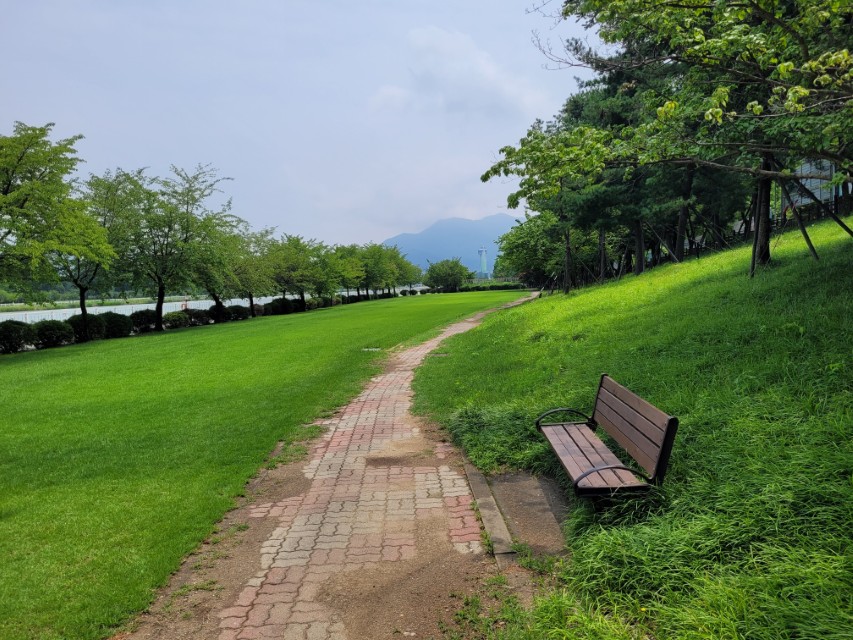 구불구불한 벽돌길, 푸른 잔디, 나무 벤치, 강변 나무, 먼 산