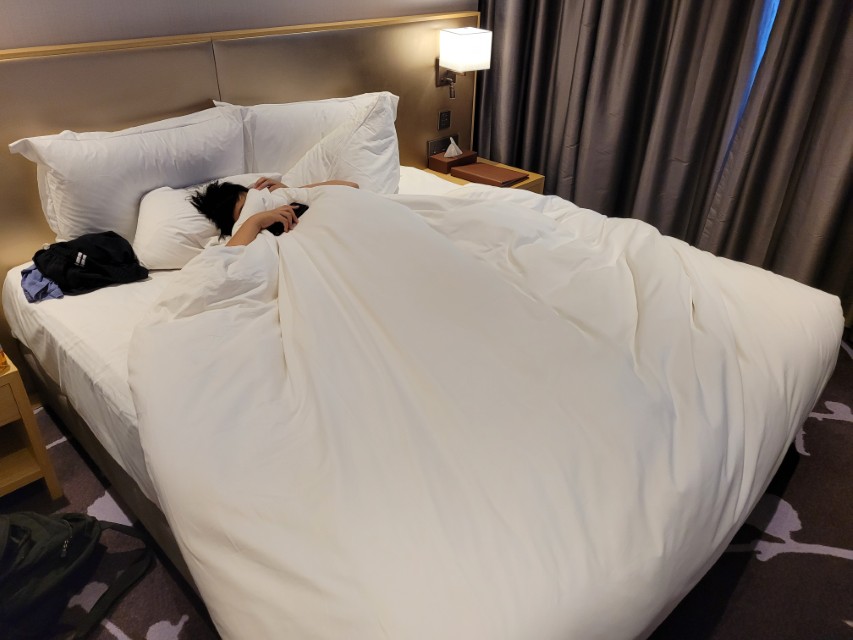 호텔 침대 흰 이불 속에서 휴대폰 보며 휴식
