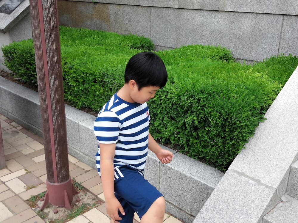 줄무늬 상의 파란 반바지, 돌계단 걷는 녹색 덤불 배경