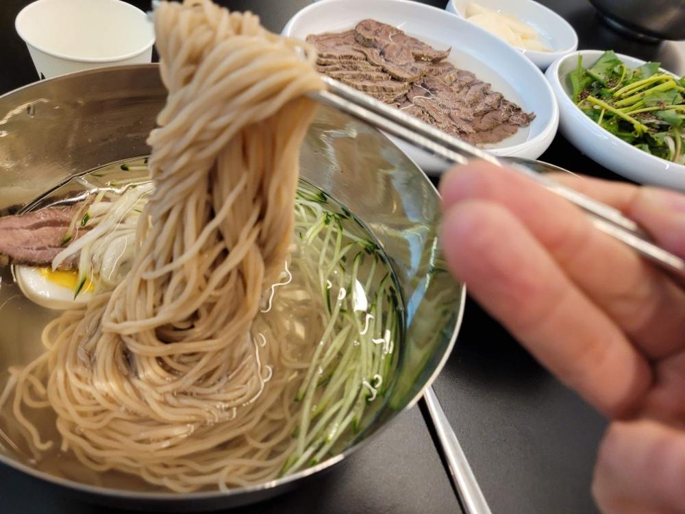 젓가락으로 들어 올린 물냉면 면발, 고기와 오이 고명