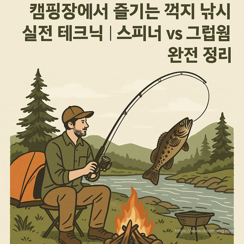 캠핑 강가, 텐트와 모닥불 옆에서 낚시로 잡은 꺽지