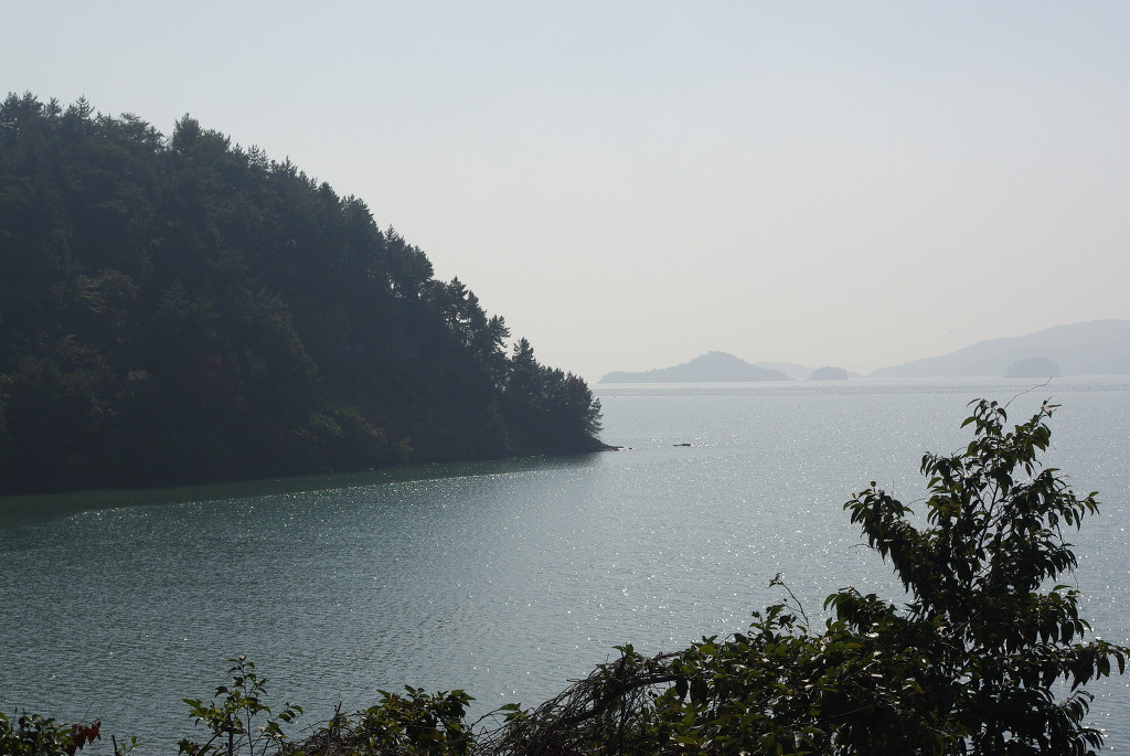 울창한 숲 산비탈, 반짝이는 바다, 흐릿한 원경 섬들
