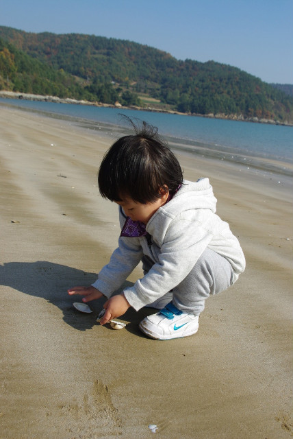 푸른 바다 배경 해변 모래 위 조개 만지는 아이