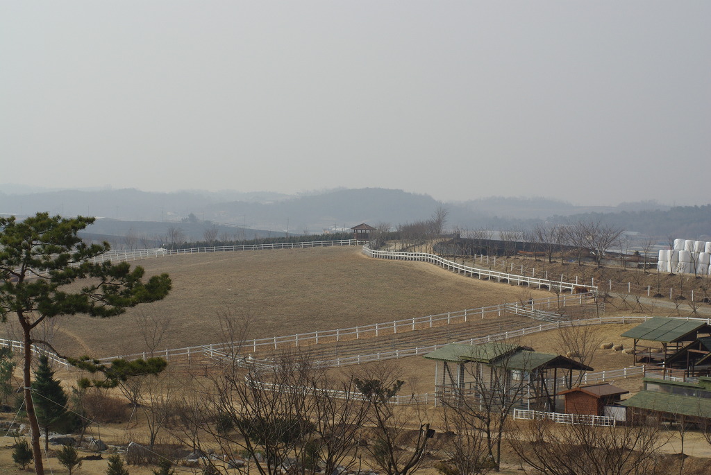 하얀 울타리 넓은 목장, 작은 농가 건물, 흐린 산 배경.