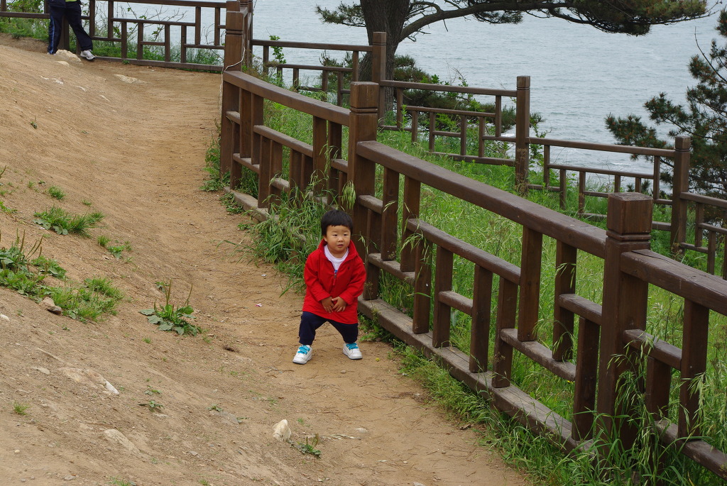 빨간 재킷 아이, 흙길 위 갈색 울타리 옆 바다.