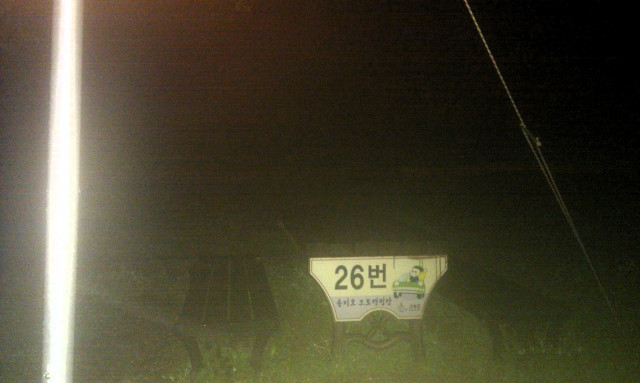 밤 풍경, 밝은 빛, 26번 수기요 오토캠핑장 표지판, 만화 삽화.